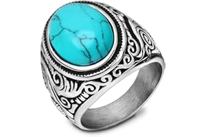 MYNENEY Retro Vintage Stone Rings for Men Turquoise Rings Stainless Steel Signet Biker Band