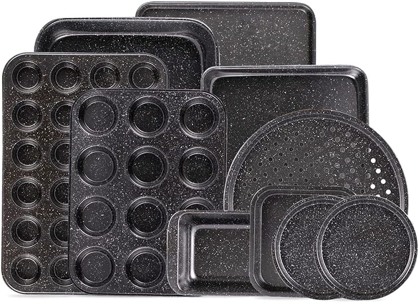 Fit Choice 10-Piece Nonstick Baking Set With Baking Pan, Cookie Sheet Set, Cake Pan, Muffin Pan, and Pizza Pan, 10-Piece Set Nonstick Bakeware Sets (Ceramic Coated Black): Kitchen & Dining