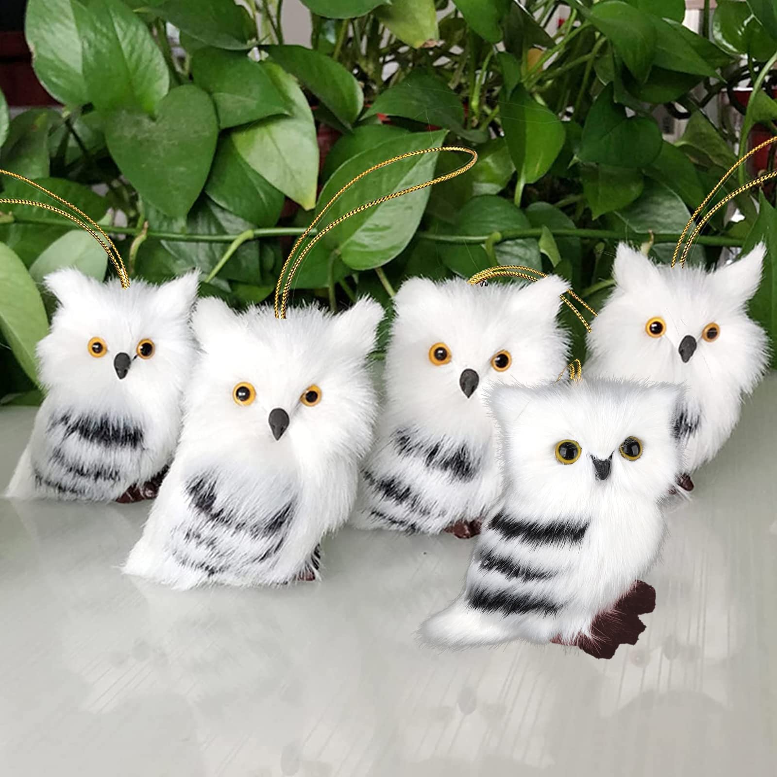 SH Owl White Black Furry Christmas Ornament Decoration, Set of 5 Bird Figurine Artificial Feathered Owl Cute Owl Model Christmas Tree Decor Home Garden Fairy Desktop Decoration H7cm/2.75Inch