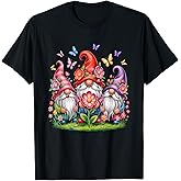 Whimsical Three Gnome Trio Blooming Flowers and Butterflies T-Shirt