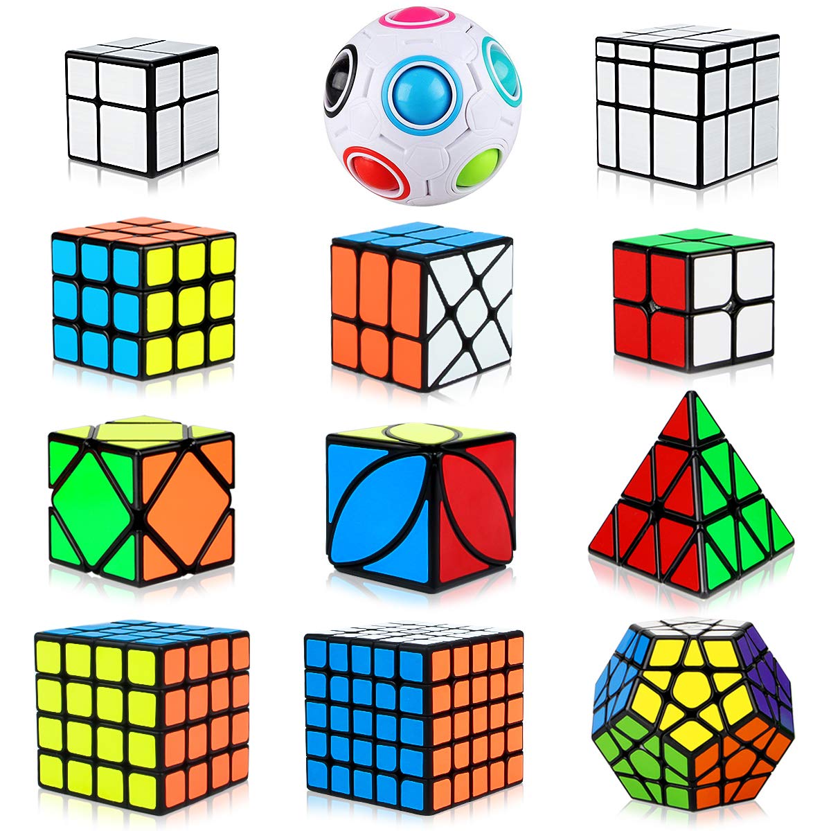 Dreampark Speed Cube Set, 12 Pack Cube Bundle Pyramid Cube 2x2 3x3 4x4 5x5 Megaminx Skew Ivy Mirror Cube Magic Rainbow Ball Smooth Sticker Puzzle Cubes Collection for Kids