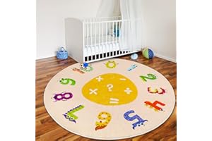 Mfmiudole Round Math Kids Rug, Large Soft Circle Washable Educational Space Mat, Non-Slip Cute Cartoon Food Baby Floor Mat for Living Room Playroom Classroom Bathroom Decor Gifts (B, Small)