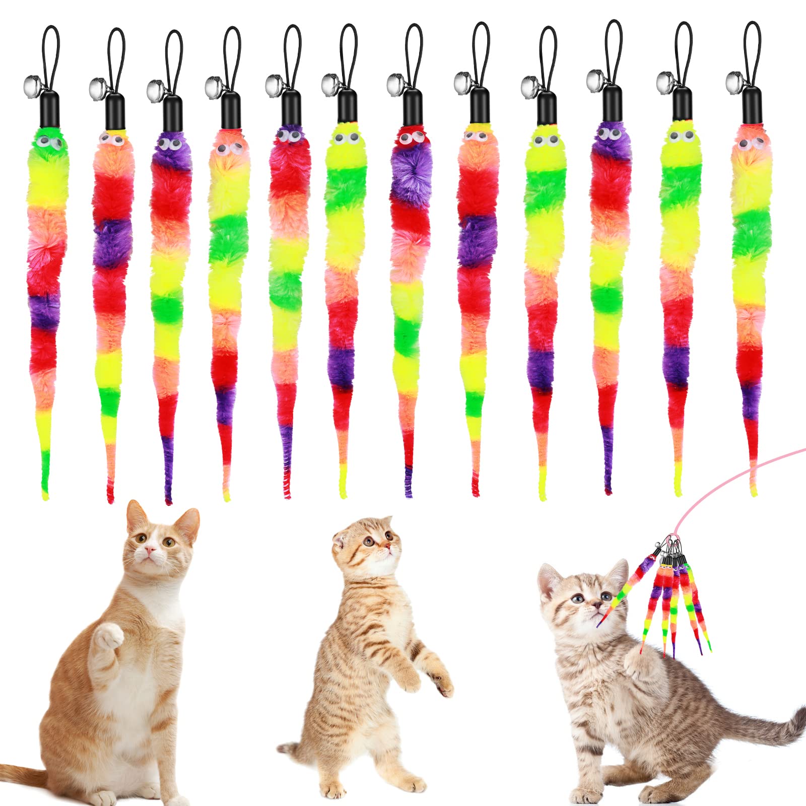Cobee Cat Toys Worms (12pcs) - Rainbow Worm Refills, Fluffy & Interactive Cat Chaser Toys, Fun & Indoor Training Accessories