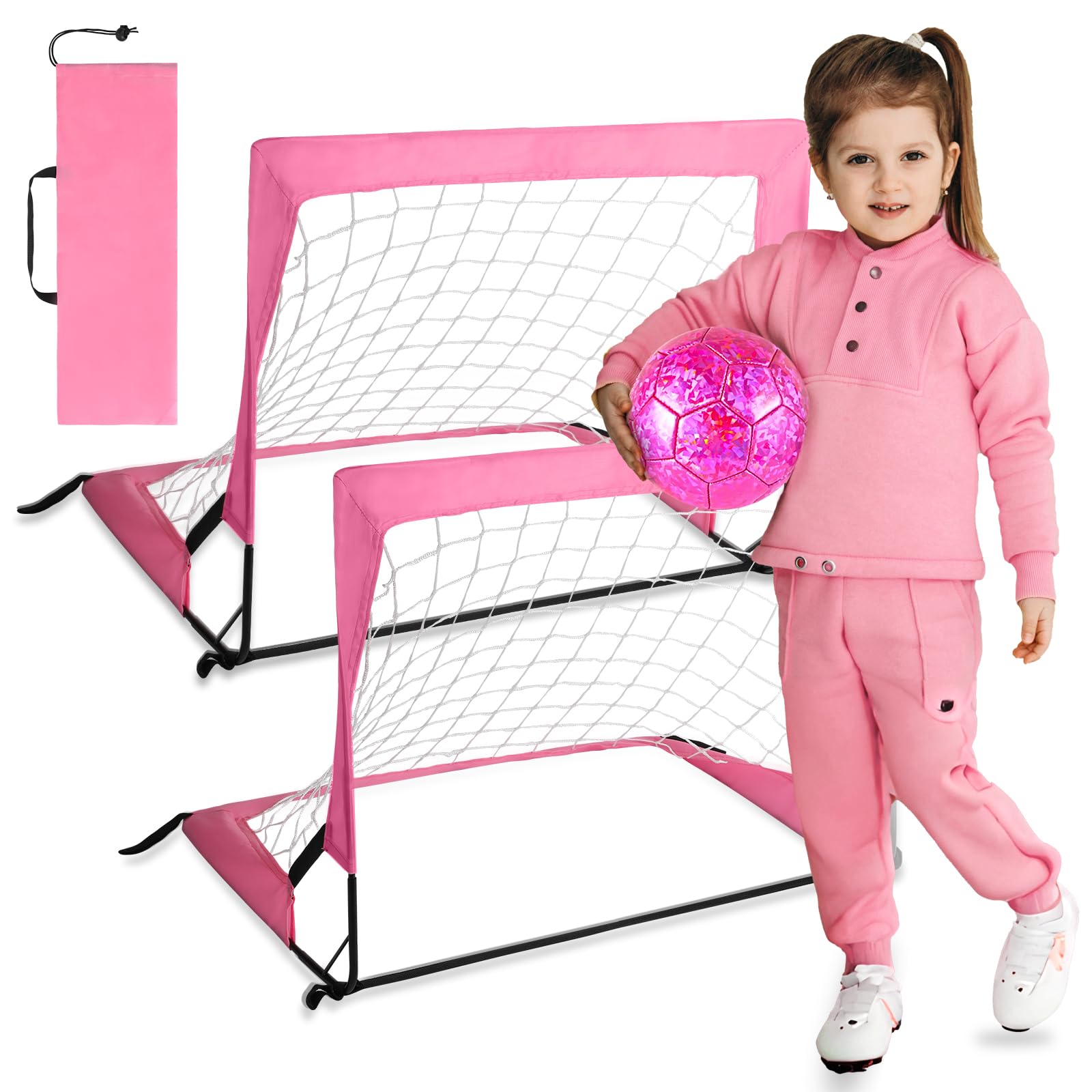 Photo 1 of 2 Pcs Pink Mini Soccer Goal Set Indoor Soccer Goal Net Pink Size 2 Toddler Soccer Ball Small Soccer Goals Mini Soccer Ball Folding Kids Soccer Goal Net Age 3-8 for Boys Girls Gifts Toys 24" x 16"