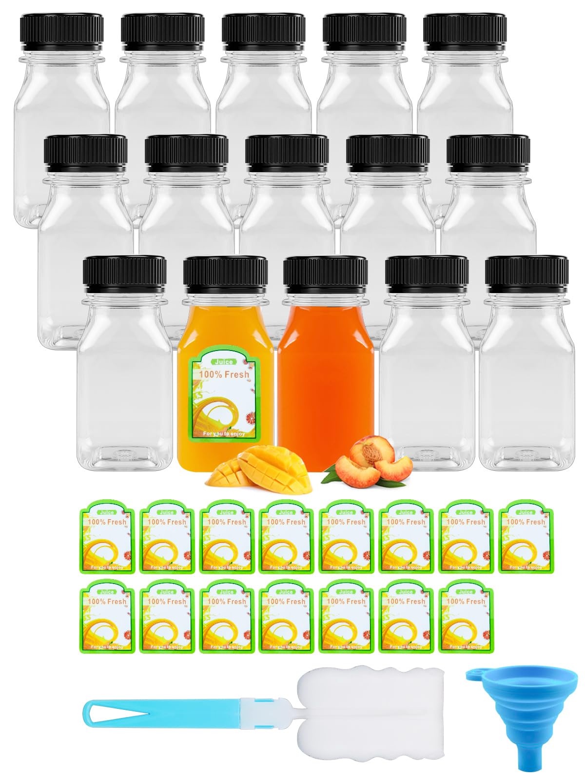 CoKeeSun Juice Bottles 15 Pack,Shot Bottles with Lids 120ml/4oz,Reusable Plastic Juice Shot Bottle,Drink Containers with Funnel,Brushes and Stickers for Smoothie,Juices,Milk and Beverages on the Go