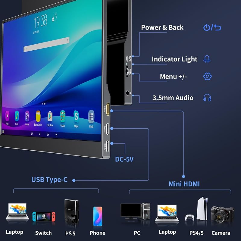 Monitor Portatil, 15.6" Pantalla Ordenador 1080P, IPS, 100% SRGB