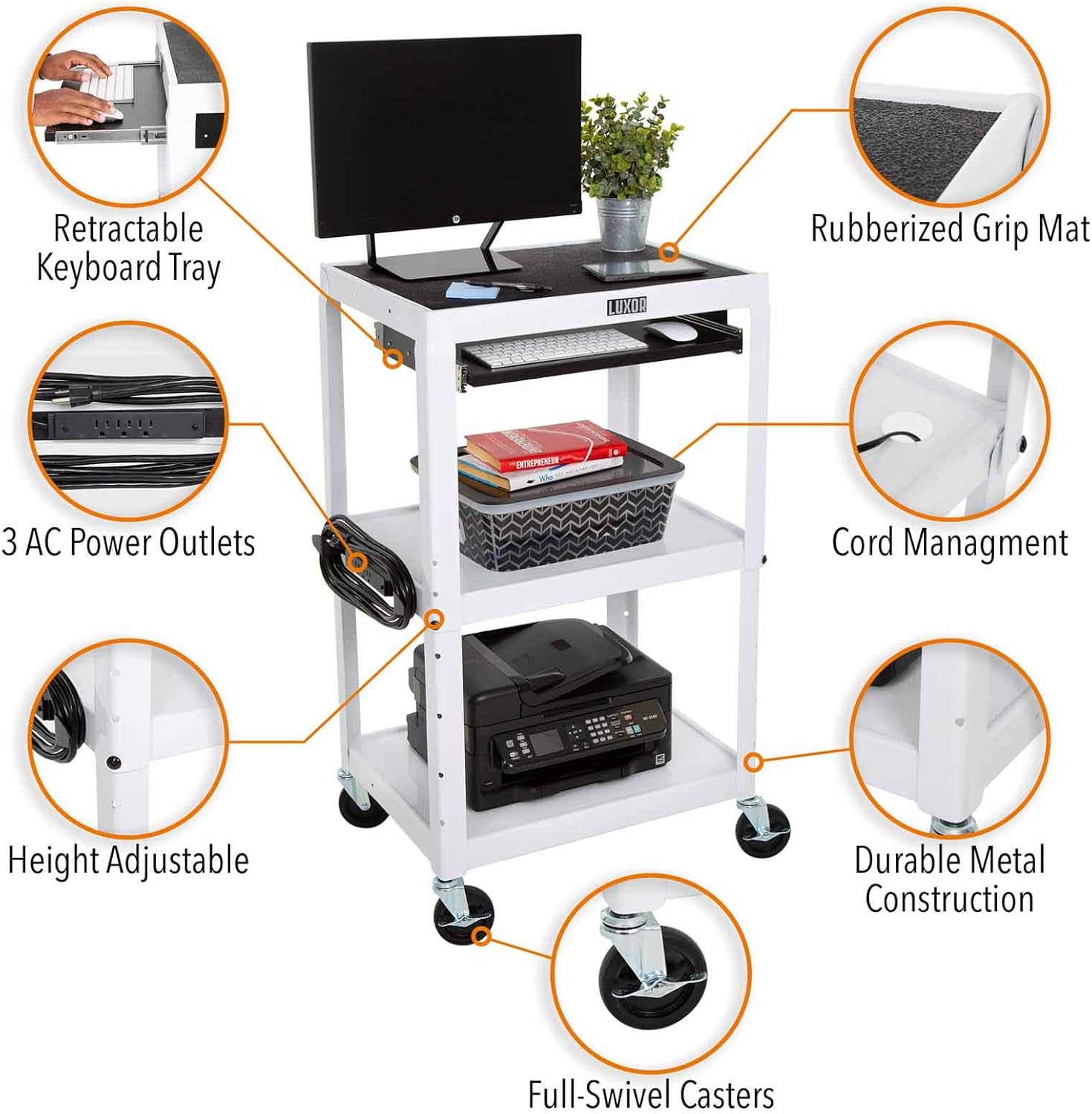 Line Leader White AV Cart | Height Adjustable Top Shelf & Pullout Keyboard Tray | Includes 15 ft Power Cord & Cord Management | Great for Modern Classroom or Workspace (42in x 24in x 18in / White) : Office Products