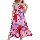GRACE KARIN Girls Flutter Sleeve Floral Maxi Dress Spring Summer 6-16Y | Square Neck, Smocked Bodice, Tiered A-Line, Soft Lightweight, for Church, Wedding Guest, Easter, Beach, Graduation, Tea Party