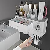 iHave Toothbrush Holder for Bathroom, 3 Cups Toothbrush Holder Wall Mounted with Toothpaste Dispenser - Large Capacity Tray, 
