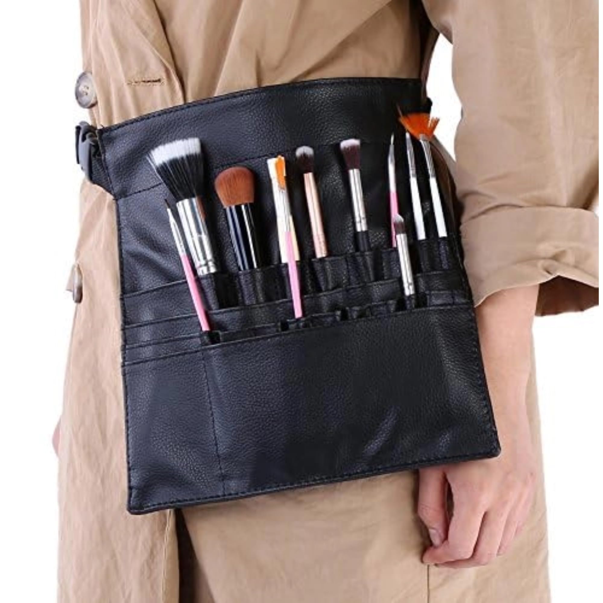 Makeup Brush Bag, Adjustable Soft PU Leather 22 Pockets Holder Apron Waist Bag Cosmetic Storage Tools