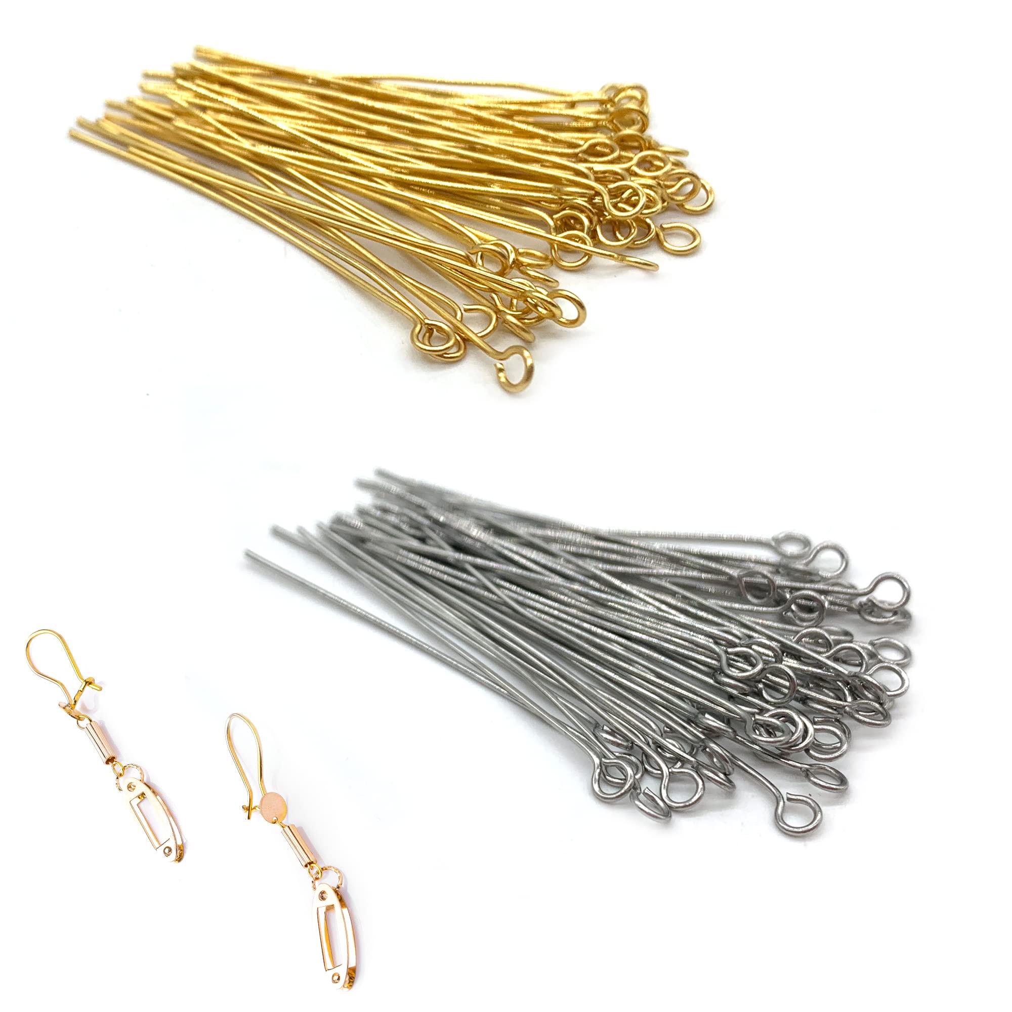 DHER Gold-Plated Head Pins Chain Pins DIY Gold Rivet Pins Pack of 100 T-shaped Needle 0.6 mm Wire Diameter Flat Head Needle Silver/Gold Pearl Thread Titanium Steel Jewellery Needle (40 mm)