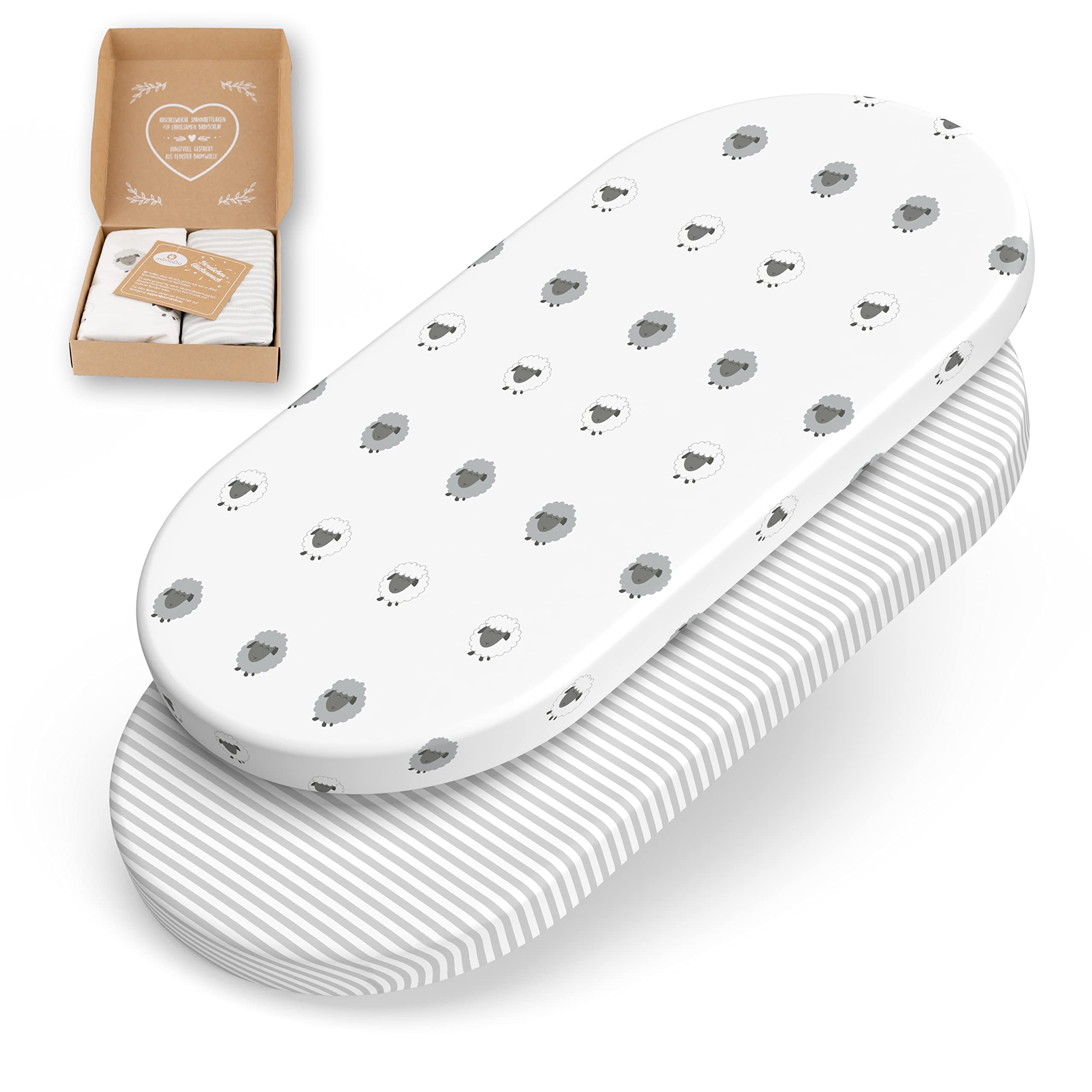 mimaDu Premium 2 Fitted Sheet for Pram, Bassinet Cover, Pram Mattress Cover, Fitted Sheet for co-sleeper- 78x36, 80x35, 80x40 cm - 100% OEKO-TEX Cotton (Sheep Stripes)