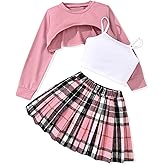 fioukiay Girls 3 Piece Outfit Skirt Sets Long Sleeve Sweatshirt and Plaid Pleated Skirt with Camisole Clothes Set
