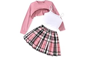 fioukiay Girls 3 Piece Outfit Skirt Sets Long Sleeve Sweatshirt and Plaid Pleated Skirt with Camisole Clothes Set