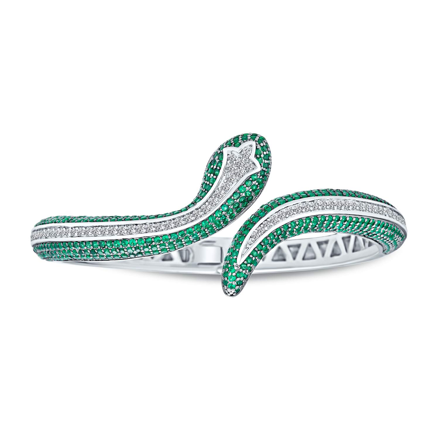 Bling Jewelry Egyptian Fashion Statement Snake Serpent Hinge Cuff Bangle Bracelet For Women White Green Simulated Emerald Cubic Zirconia Pave CZ Rhodium Plated