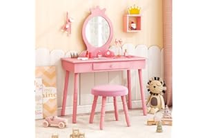 HONEY JOY Pink Crown Makeup Vanity, Includes Chair & Real Glass Mirror, Large Engineered Wood Kids' Vanity Set, Safe & Sturdy, Easy to Install & Clean, Pink