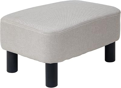 IBUYKE 16.54 inch Linen Pouf Ottoman Footrest with Pine Wood Legs