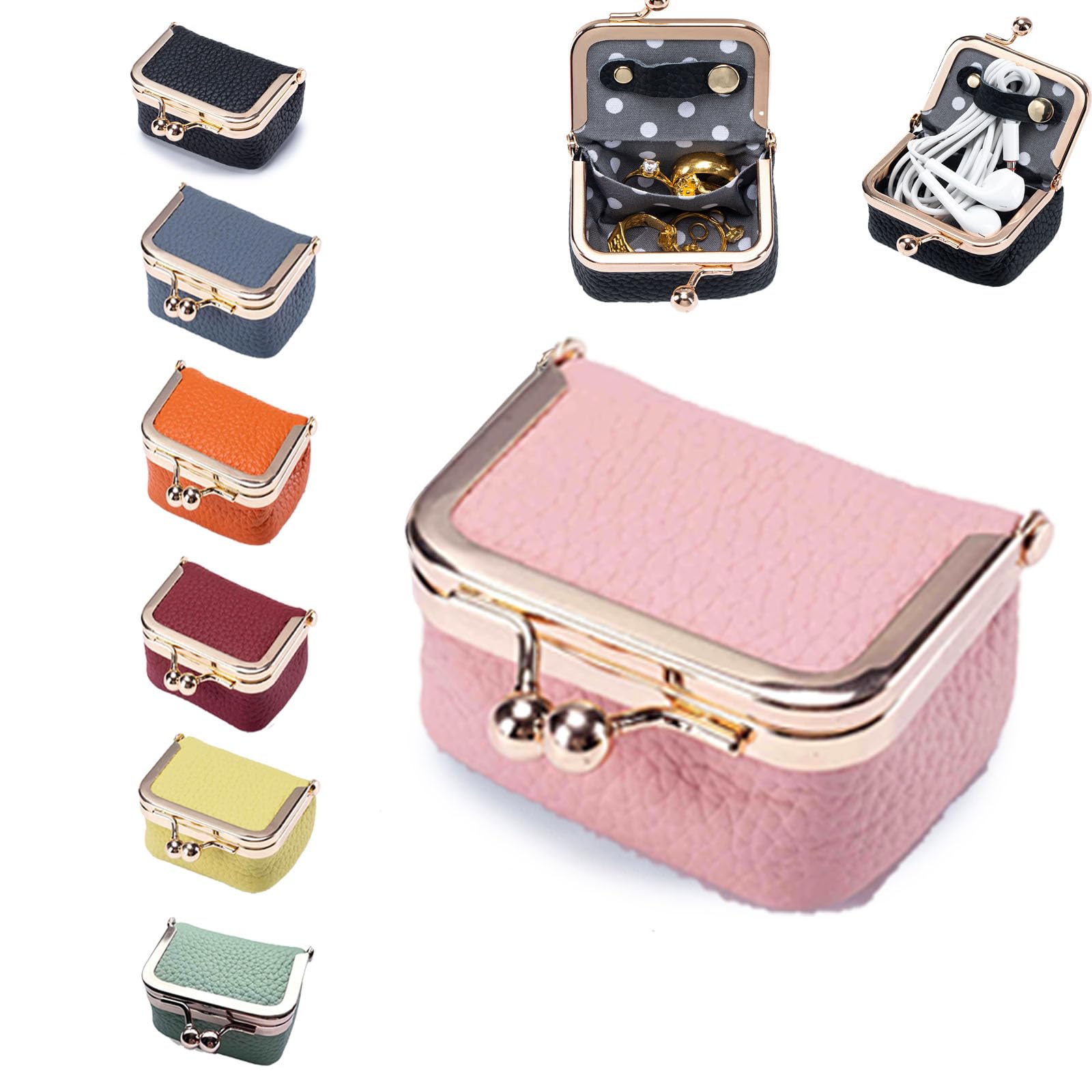 Photo 1 of 1pc FURZART Genuine Leather Jewelry Travel Case Mini Portable Organizer with Kiss Lock & Anti-Tip Design, Stable Small Jewelry Box for Earrings, Rings, Coin Purse for Travel (2.55x1.77 Inch, Pink)