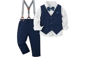 CARETOO Toddler Baby Boy Clothes Suit 5Pcs Gentleman Wedding Outfit Dress Shirt+Vest+Bow Tie+Suspender Pant Formal Set 12M-5T