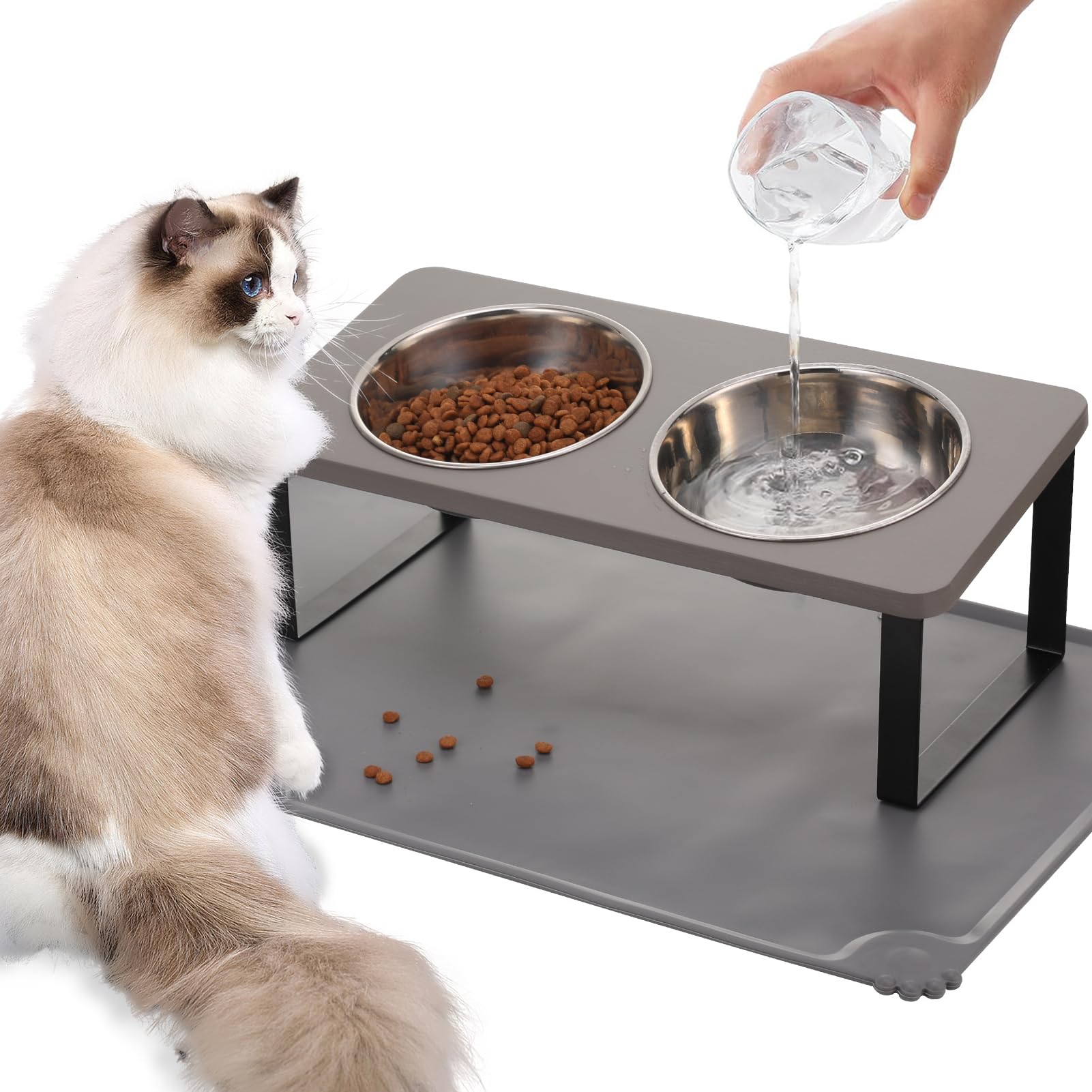 Photo 1 of Upgraded Elevated Cat Bowls with Food Mat,15°Tilted Stand Anti Vomiting Raised Cat Dishes for Food and Water,2 Stainless Steel Bowls for Cats and Puppy?Gray?