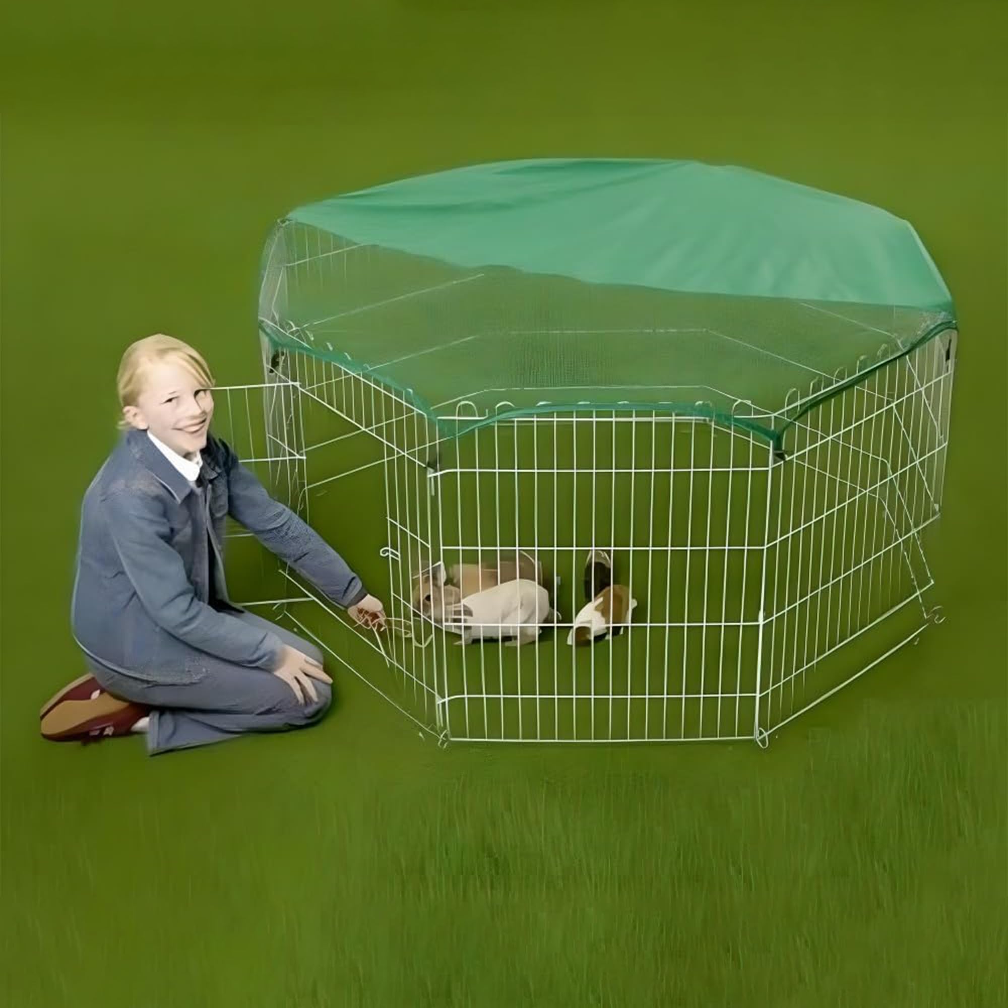 Double Dragon Pet Playpen | Portable & Foldable Exercise Pen for Dogs & Small Animals | Galvanized Metal, Breathable Mesh, Water-Rust Resistant Base | Safety Net and Sun Shield Cover included (55inch)