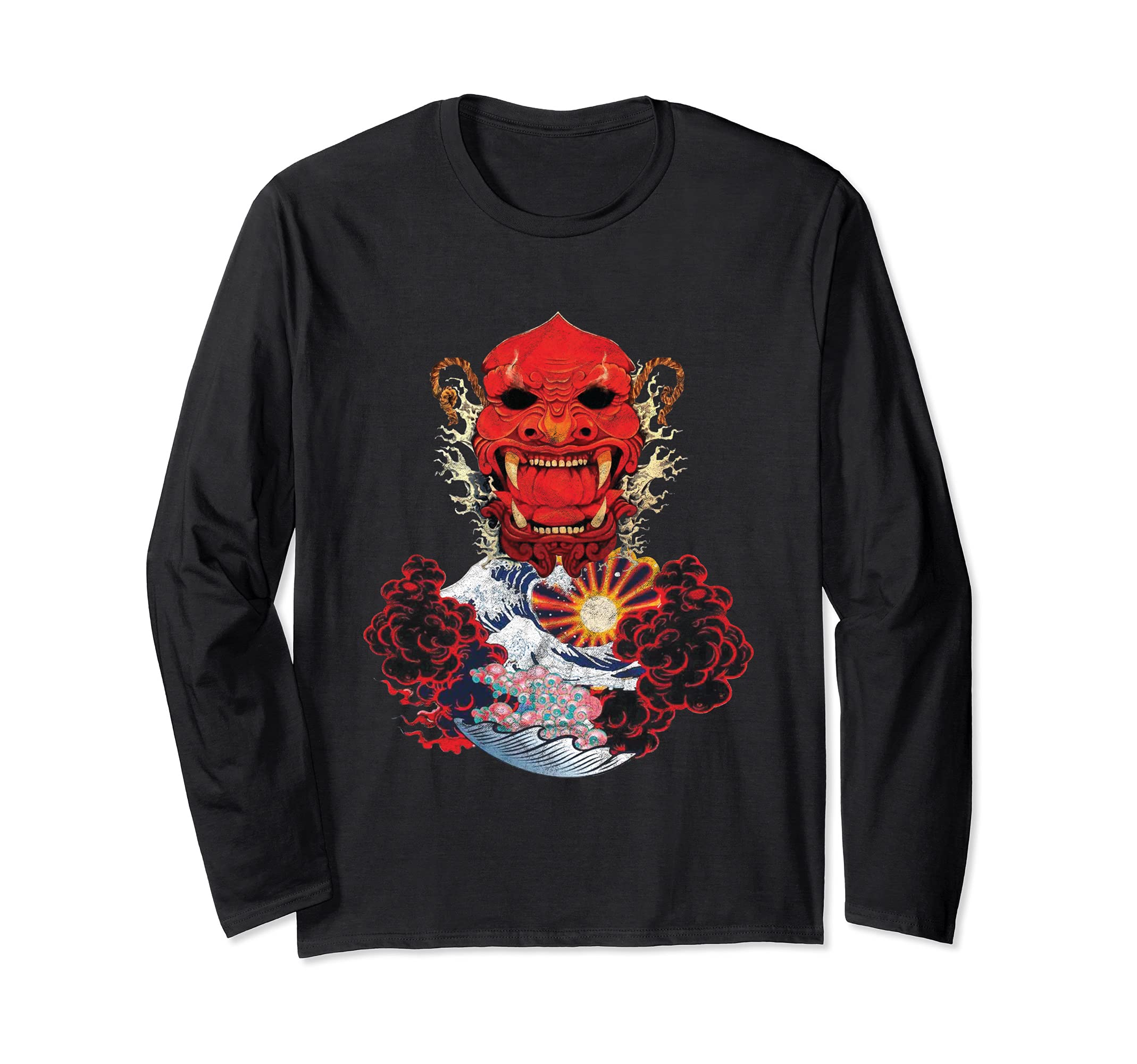Japanese Red Samurai Oni Mask Ogre Kanagawa Wave Demon Long Sleeve T-Shirt