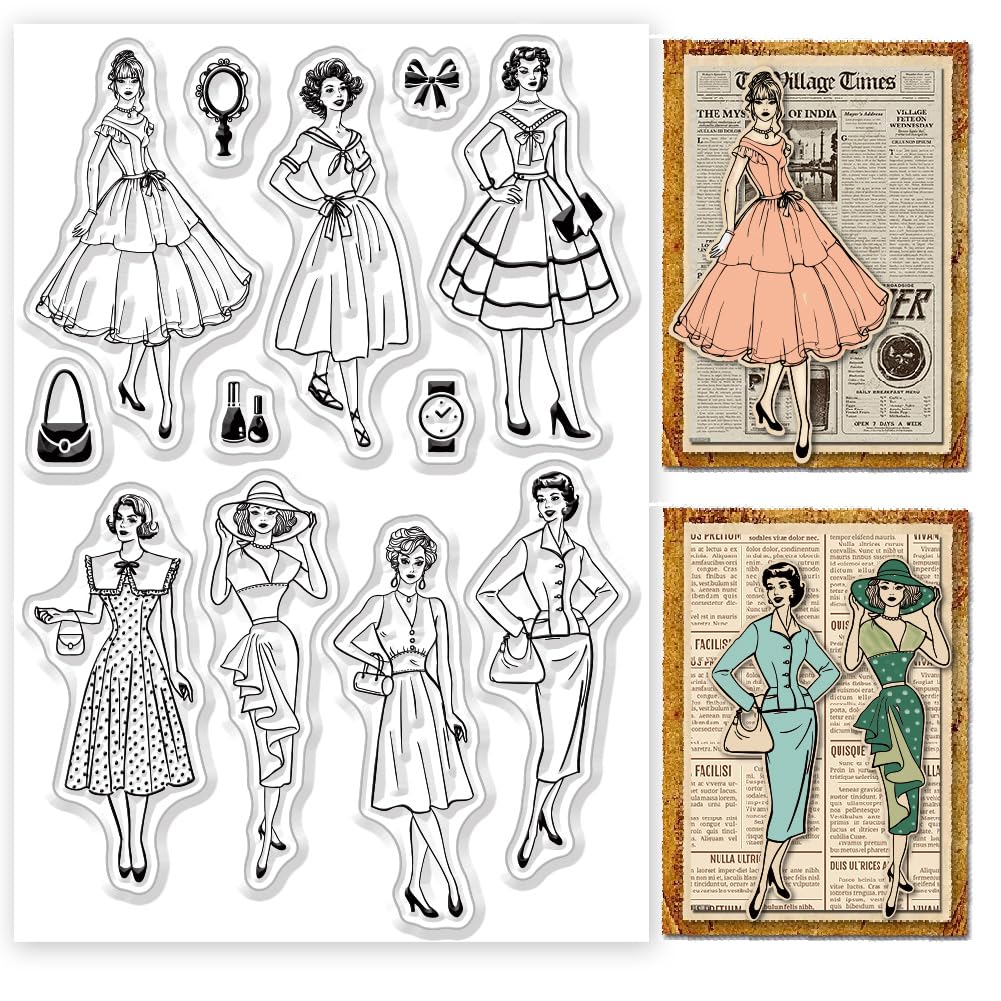ORIGACH Vintage Elegant Lady Clear Stamps for Card Making Retro Dressing Women Transparent Silicone Stamps for DIY Scrapbooking Journaling Photo Album Crafts Suppplies