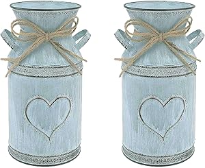 High Decorative Vase Rustic Vintage vase French Style Country Metal Shabby Chic Vase Galvanized Sheet Garden Plating Flower Pot Milk Can with Heart-Shaped Unique Design for Home Kitchen Decoration