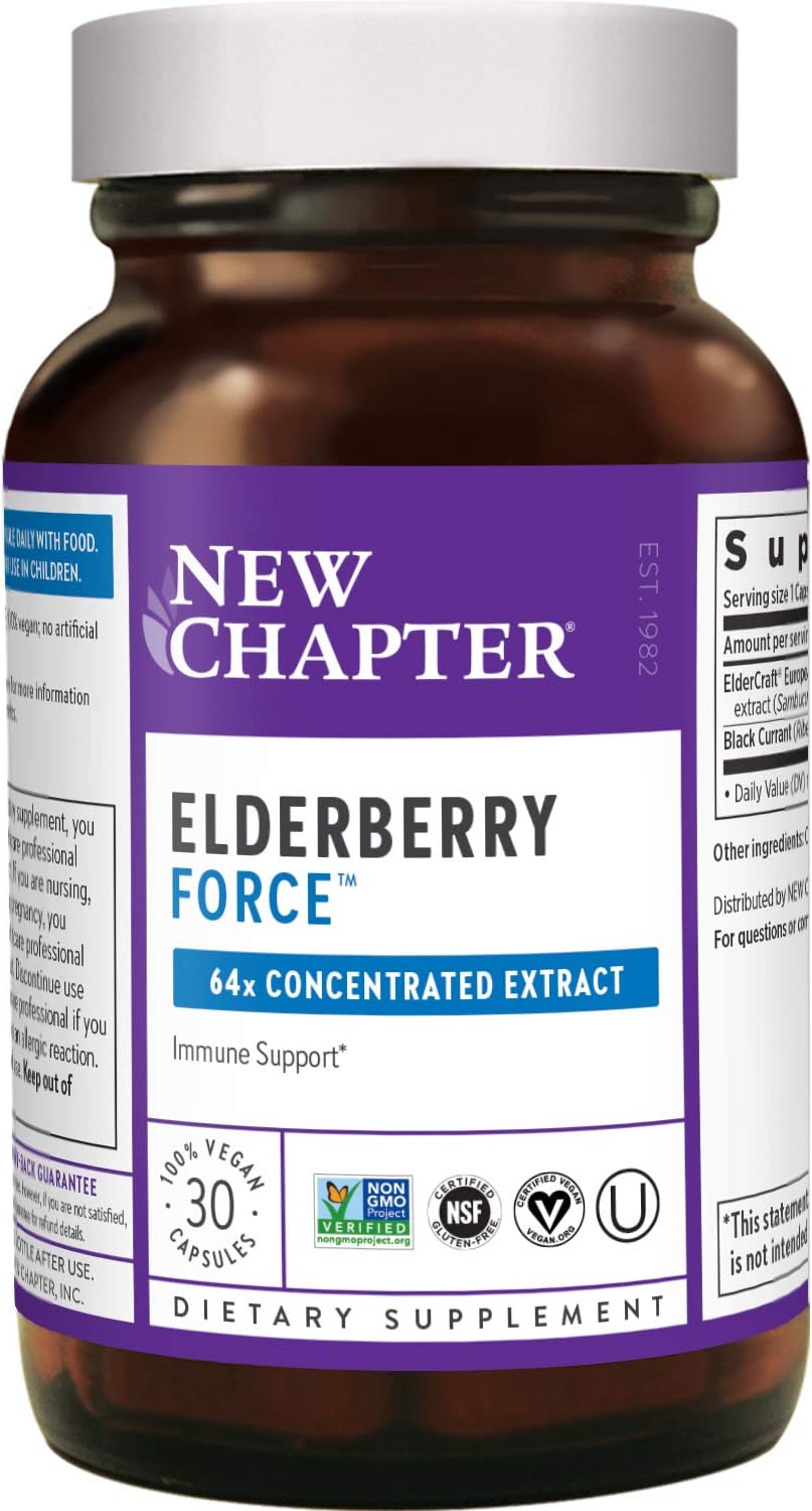 New Chapter Elderberry Capsules, Elderberry Force, with 64x Concentrated Black Elderberry + Black Currant for Immune Support, No Added Sugar, Gluten Free, Vegan - 30 Count: Health & Personal Care