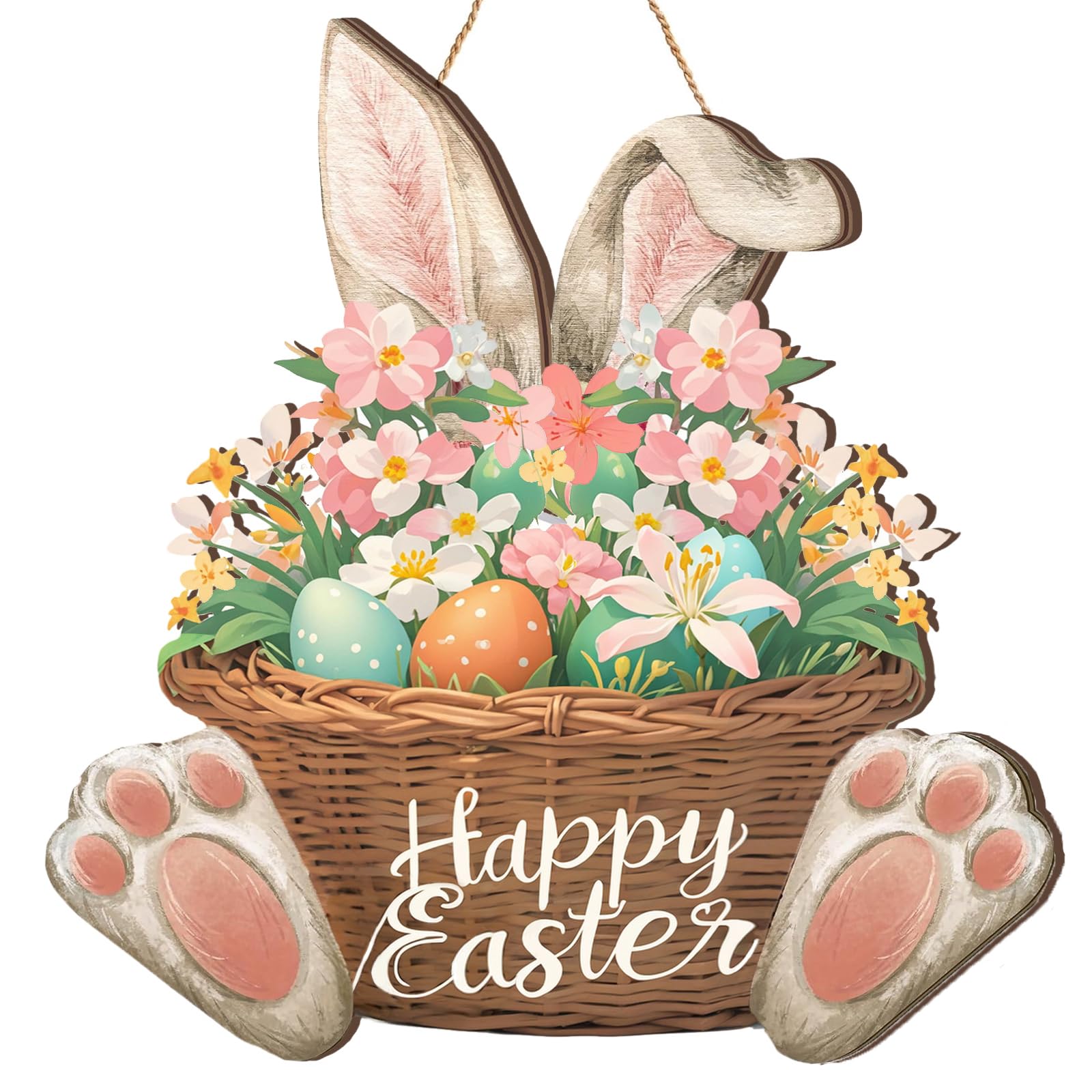 Easter Wreaths for Front Door Bunny Welcome Wood Sign Door Hanger Spring Decorations Easter Wall Hanging Plaque Eggs Sign Decorations for Home Shop Garden (Bunny Ear)