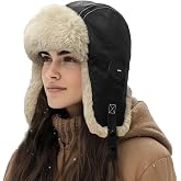 CLAPE PU Leather Waterproof Trapper Hat with Ear Flaps, Winter Windproof Faux Fur Snow Cap for Outdoor Sports