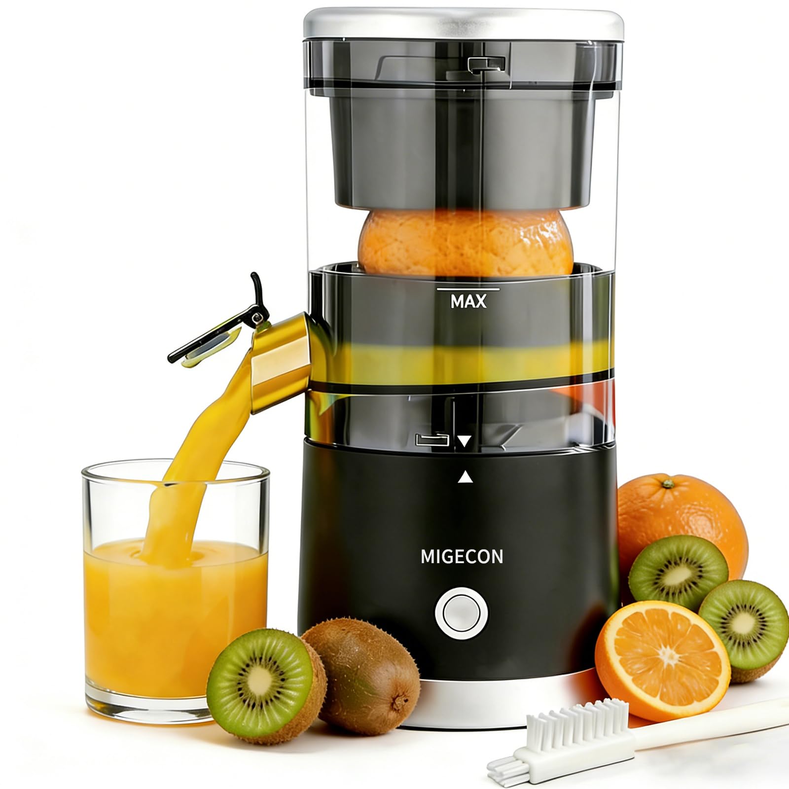 MIGECON Electric Citrus Juicer, Rechargeable Orange Juicer, Portable Juicer Machine, Anti Drip Function, includes Cleaning Brush, for Lemon, Grapefruit, and Lime, Black