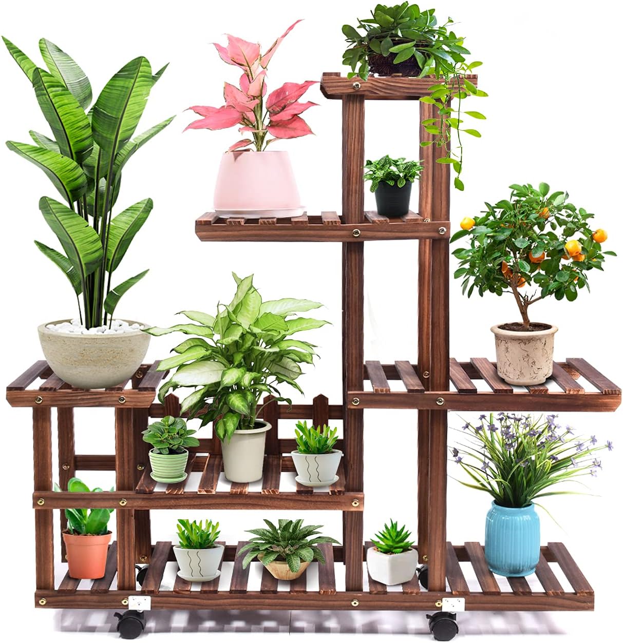 cfmour Wood Plant Stand Indoor Outdoor, Wooden Plant Display Multi Tier Flower Shelves Stands, Garden Plant Shelf Rack Holder Organizer in Corner Living Room Balcony Patio Yard (11-13 Flowerpots)