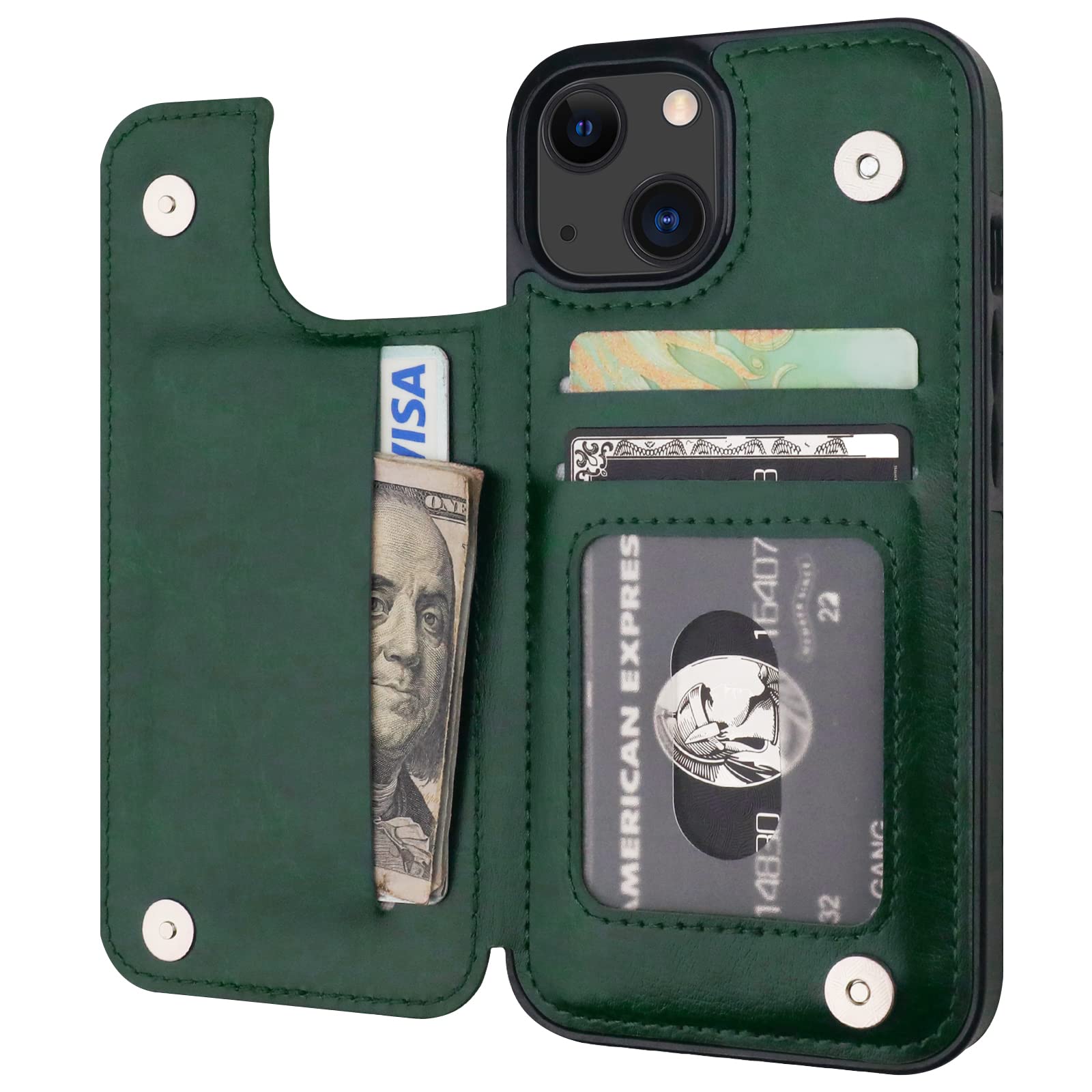 ONETOP Compatible with iPhone 13 Wallet Case with Card Holder, PU Leather Kickstand Card Slots Case, Double Magnetic Clasp Durable Shockproof Cover 6.1 Inch(Green)