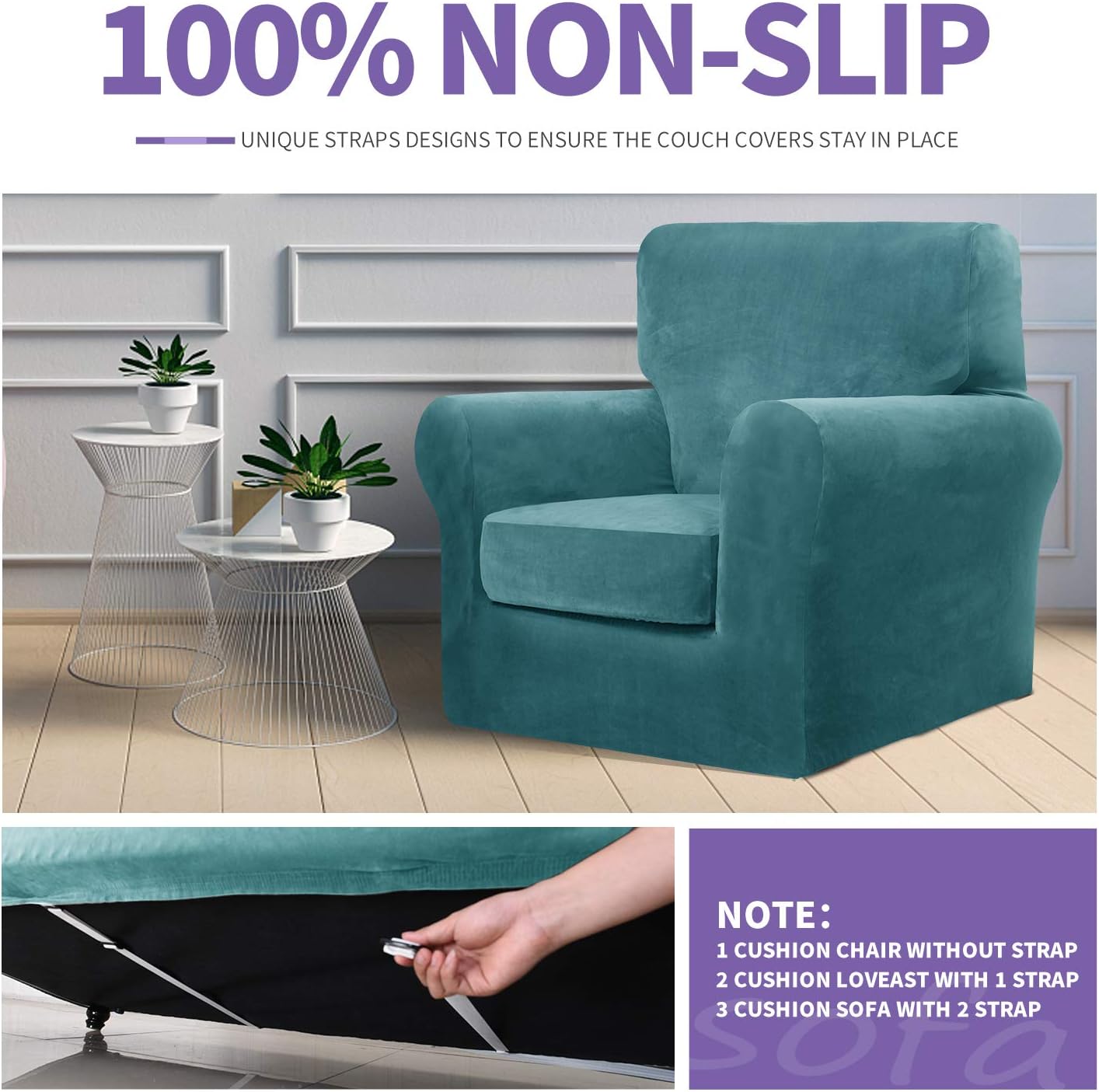 ZNSAYOTX Luxury Velvet Chair Slipcovers with Arms 2 Piece Stretch Chair Covers for Living Room Thick Soft Armchair Slipcover Anti Slip Dog Pet Friendly Furnitre Protector (Peacock Blue, Chair): Kitchen & Dining