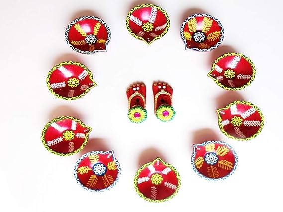 Diwali Diyas: FLAGSQUARE Hand Painted Mud Diwali Diyas | Diwali Decoration | Terracotta | Set of 10| Laxmi Charan Paduka 1