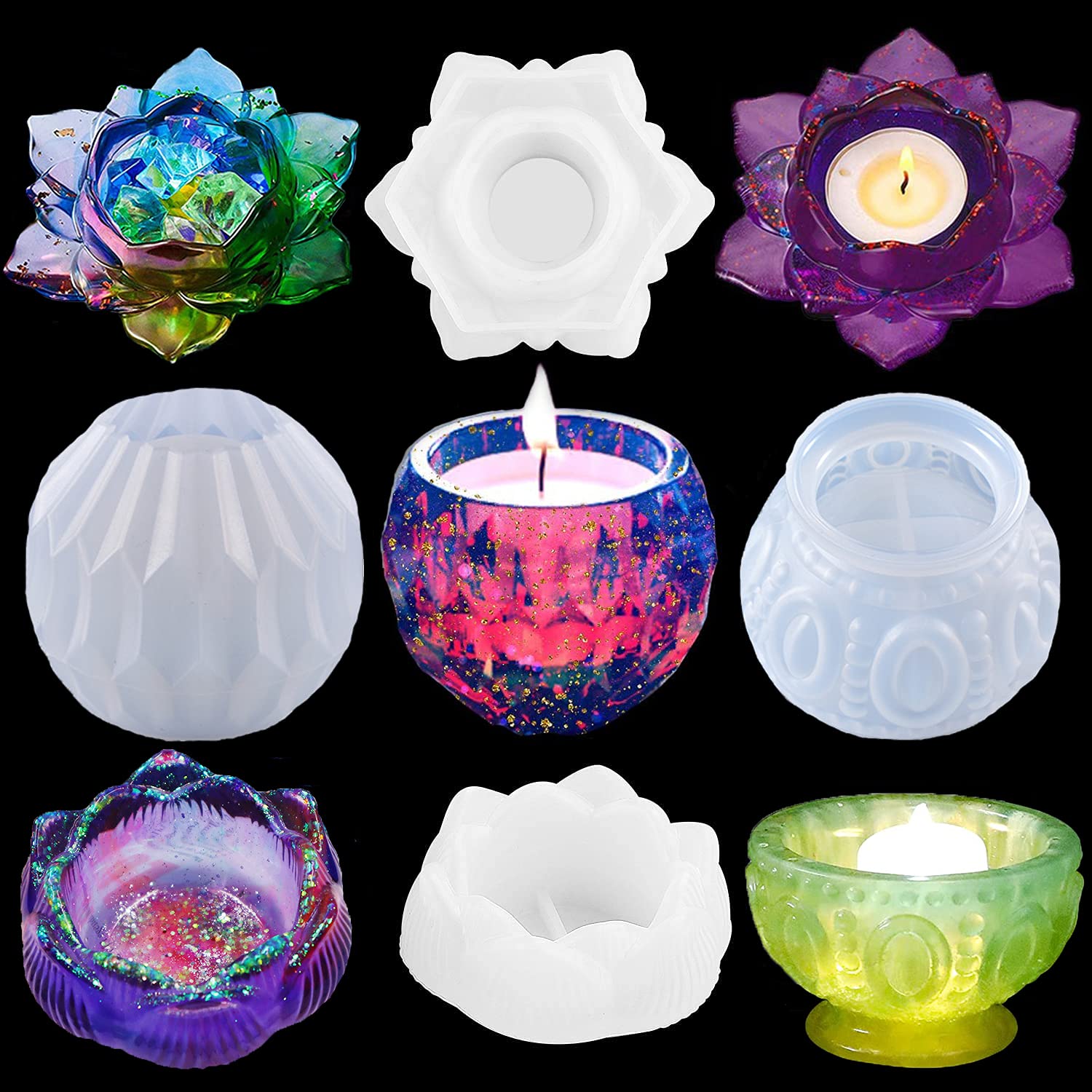 Lotus Lamp Candle Holder Resin Mould, 4-Piece Epoxy Resin Pouring Mould for DIY Jewelry Box, Candy Box Home Table Decoration (#1)