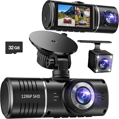 1296P 3-channel dash cam front rear and inside with 32GB card — best budget dash cam