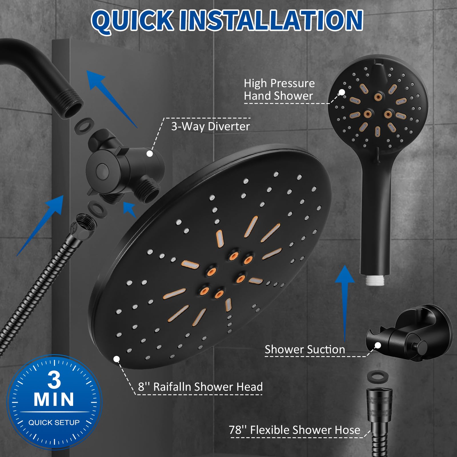 Luxsego Dual Rain Shower Head with Handheld Spray Combo, 8.8 Inch High Pressure Showerheads Built-in Power Wash with 7 Spray Modes & Anti-Clog Nozzles, Easy Install Shower System for Hard Water, Black