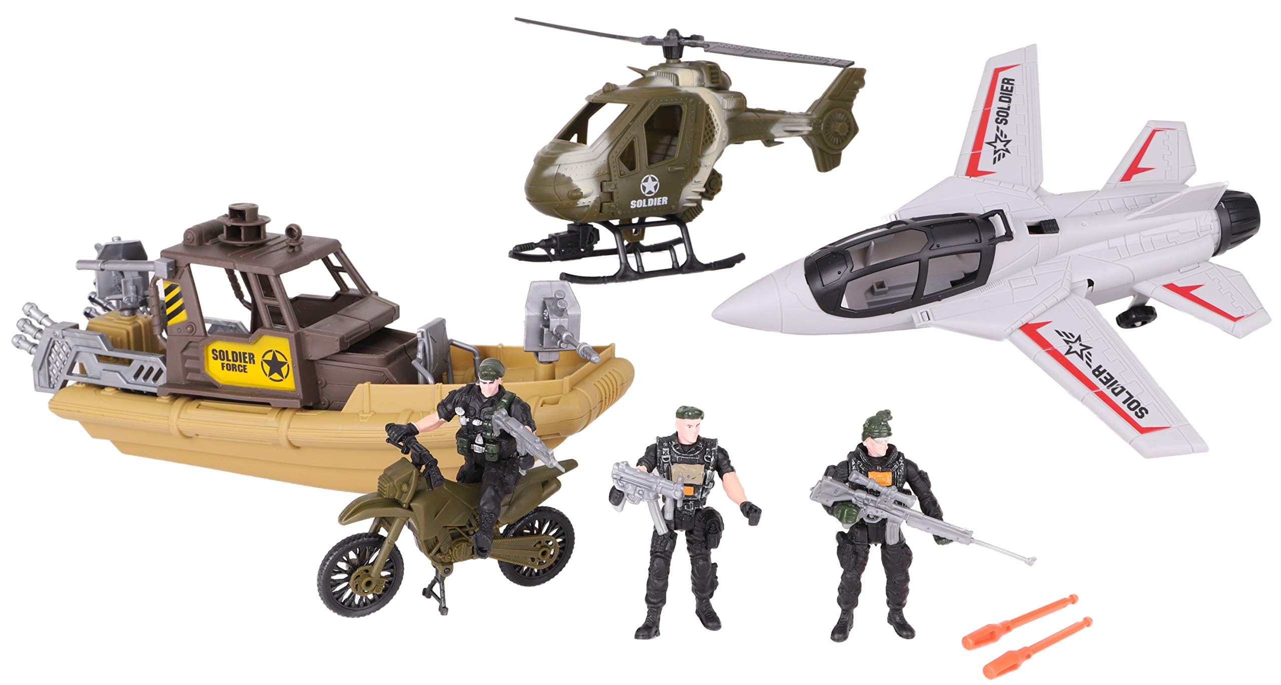 Toyland® Military Vehicle & Action Figure Play Set - 3 Large Vehicles: Army Fighter Jet, Speedboat & Helicopter - Figures & Accessories Included