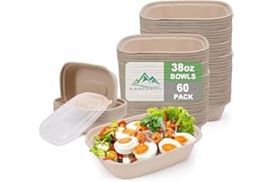 Kaderron 60 Pack 38 OZ Large Paper Bowls with Lids, Heavy Duty Disposable Compostable Bowls for Party, Disposable Bowls Bulk Soak-Proof and Microwave Safe for Hot/Cold Use (38OZ-60PACK)