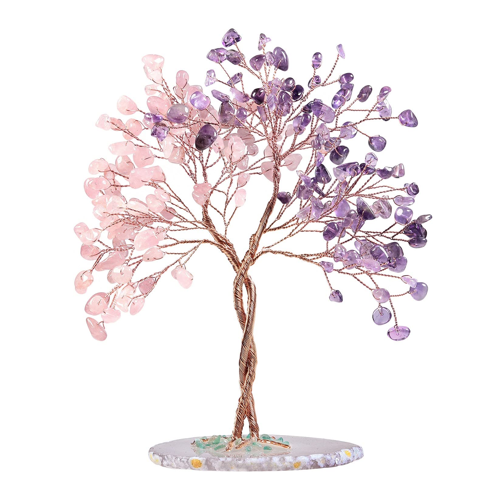 KYEYGWO Amethyst+Rose Quartz Crystal Stone Money Tree with Agate Slice Base Handmade Feng Shui Bonsai Tree Decoration Love Stone Tree Ornament for Fortune and Wealth