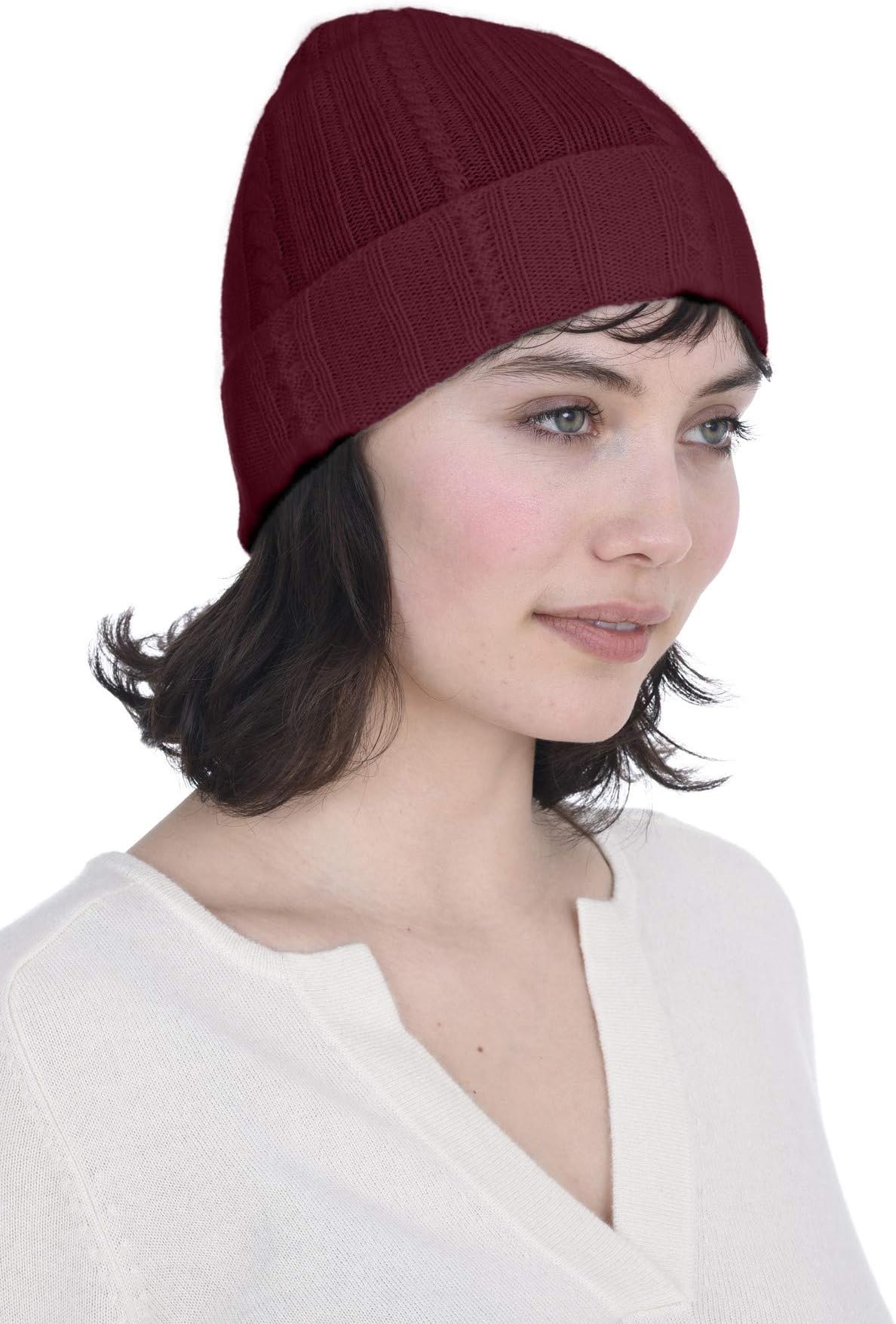 Cashmeren Fold-Over Cable Knit Beanie 100% Pure Cashmere Cuffed Brim Hat for Women