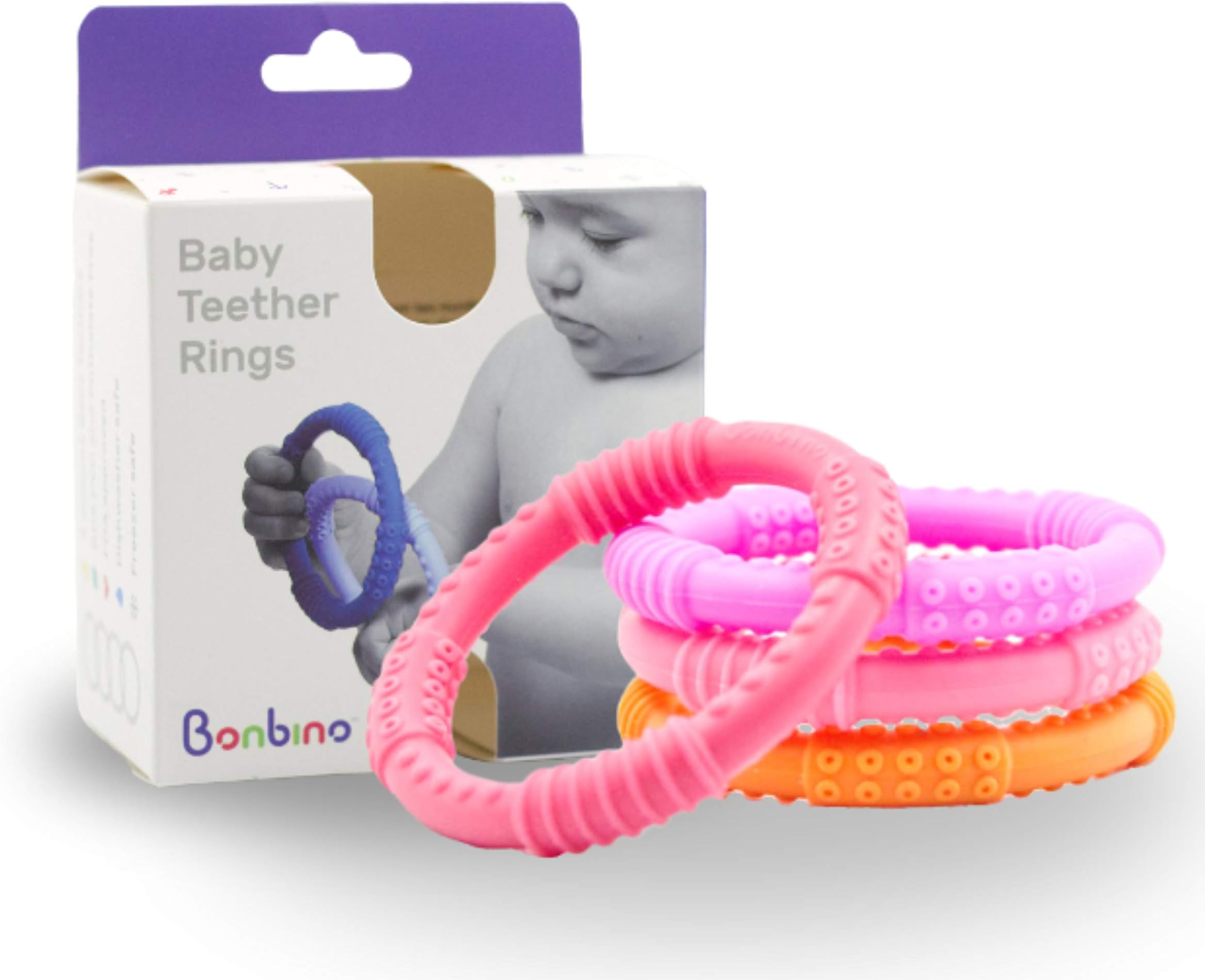 Bonbino™ Teether Rings - (4 Pack) Silicone Sensory Teething Rings - Soothes Baby Gum Pain! (Pinks & Oranges)