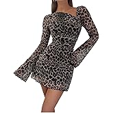 Floerns Women's Mesh Leopard Print Dress Ruched Bell Sleeve Asymmetrical Mini Cocktail Dresses