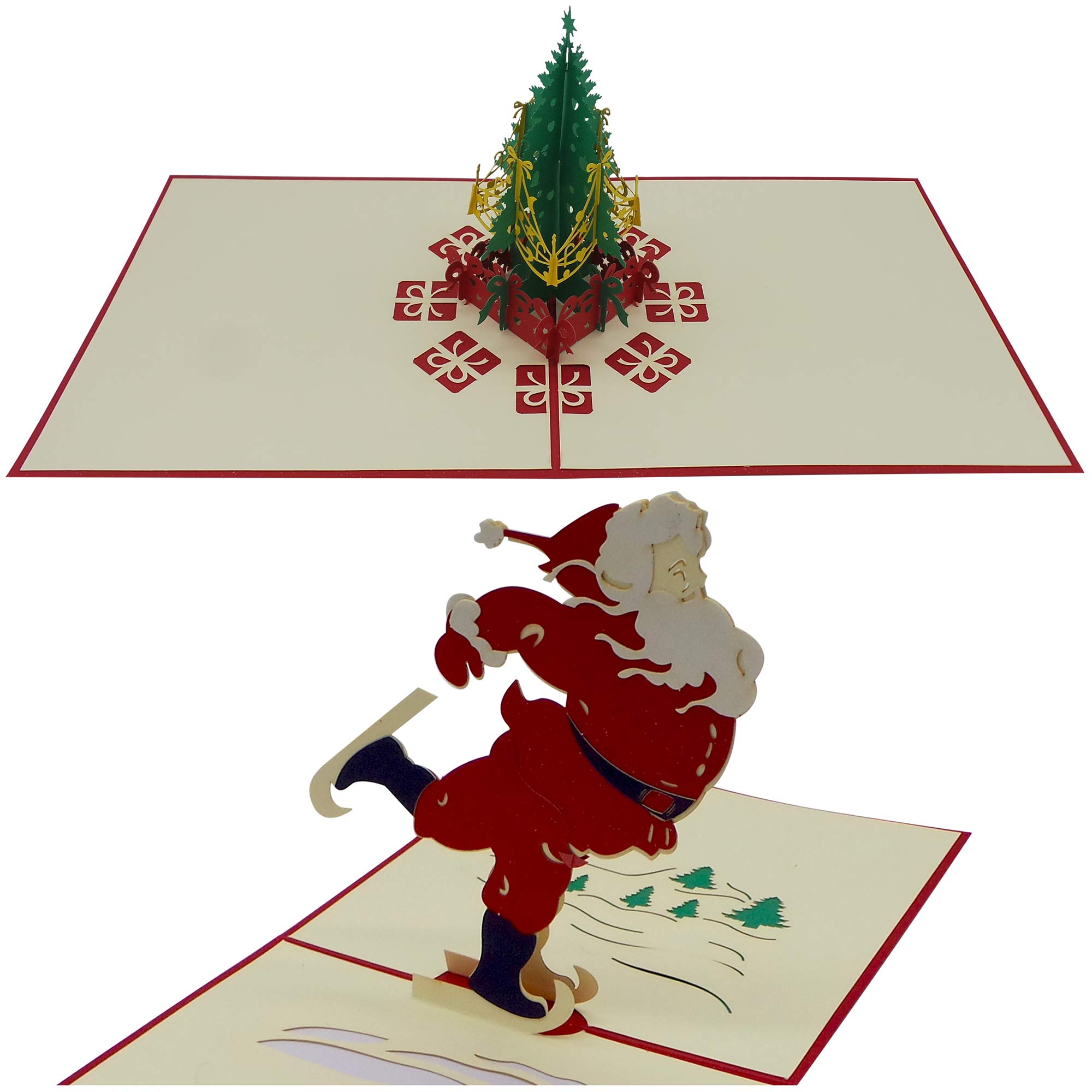 Pack of 2 3D Pop Up Deluxe Christmas Cards, Special Seasonal Greeting Cards for Your Special Family and Friends(Xmas Tree +Skating)