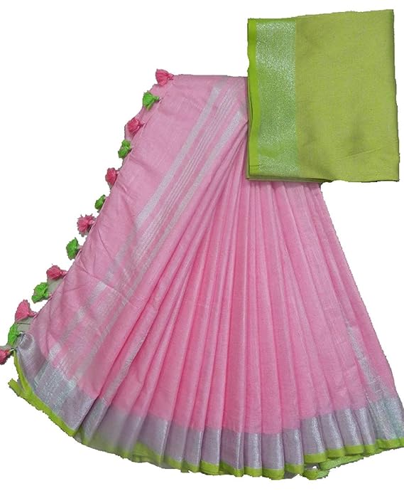 ZA Handloom Women's linen slub Sarees with 1 blouse piece ZAX98 (PINK)
