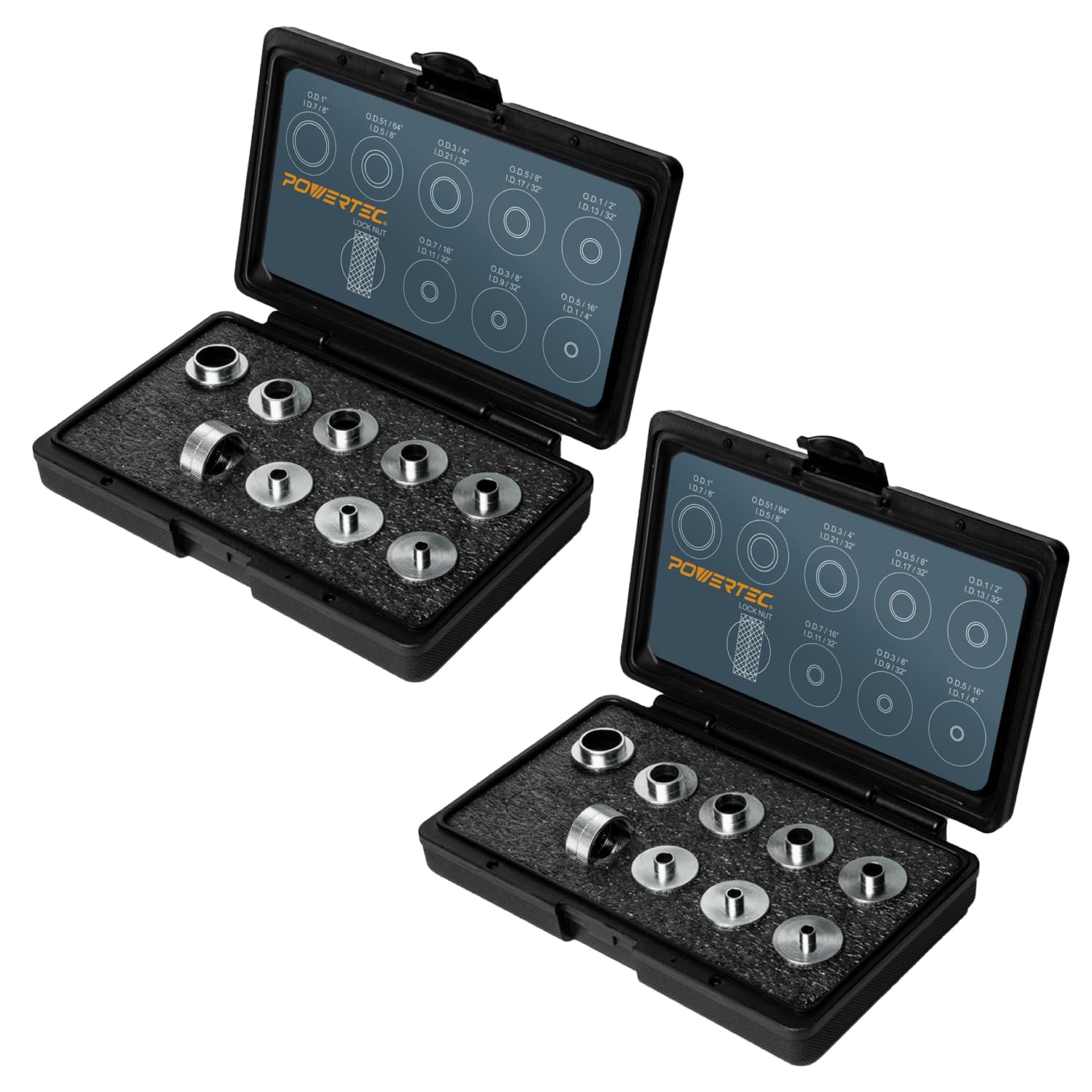 POWERTEC Router Bushing Guide Set, Router Template Guide 10 Pcs w/Storage Case, Fits Porter Cable Style Router Sub Base Plate. Size 5/16" to 1" Router Inlay Kit for Woodworking, 2 Sets, 71051-P2 Image
