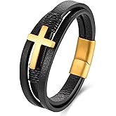 BIYONGDE Mens Cross Bracelet, Black Leather Braided Multi-Strand Bangle with Stainless Steel Gold Color Cross, Classic Christian Bracelet for Men