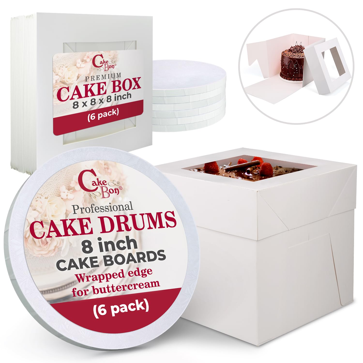 Cakebon Cake Boxes with Boards - 8 Inch Round Cake